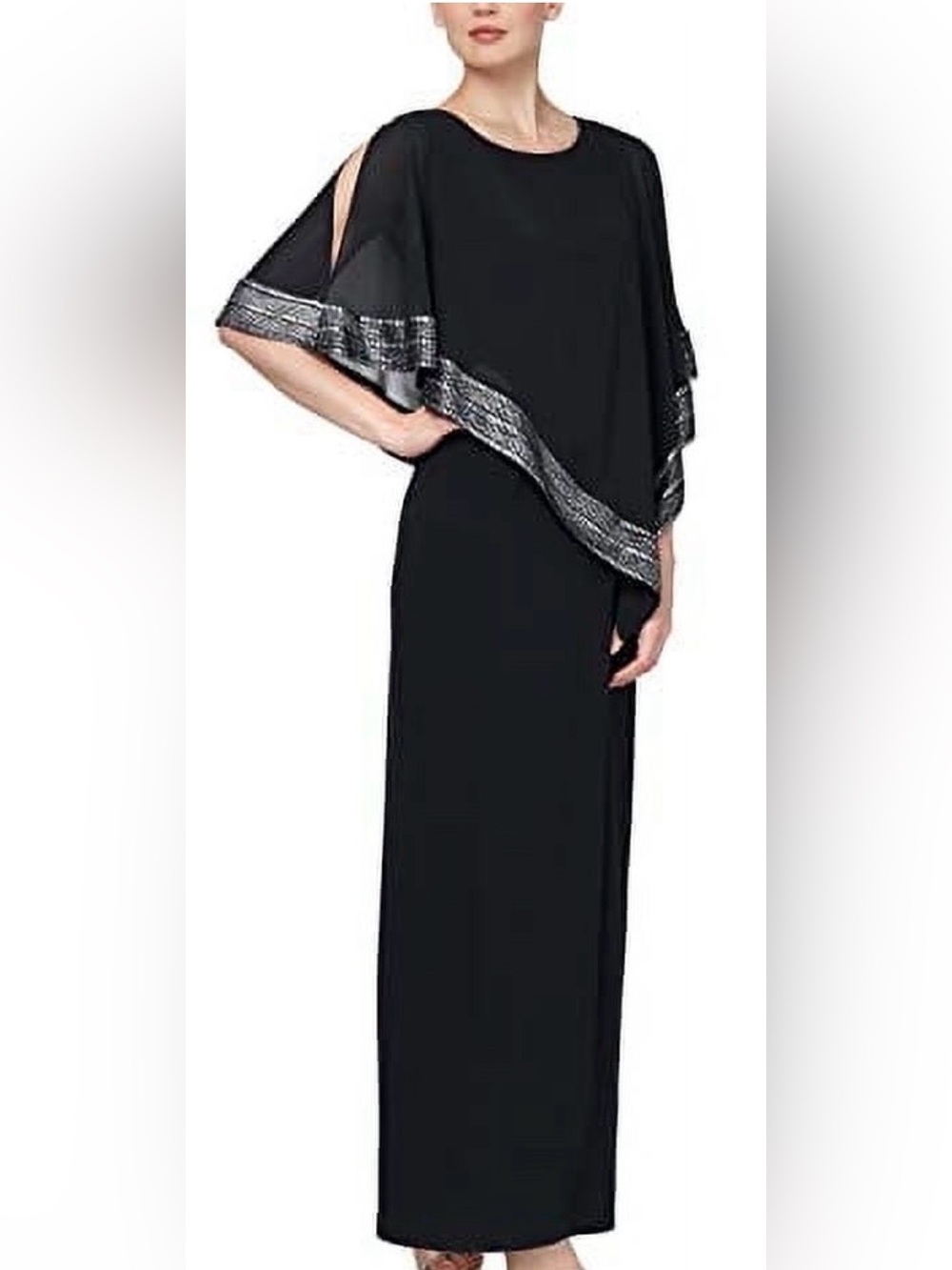 SL SLNY Black Stretch Formal Evening Maxi Dress metallic Trim Mother Grandmother